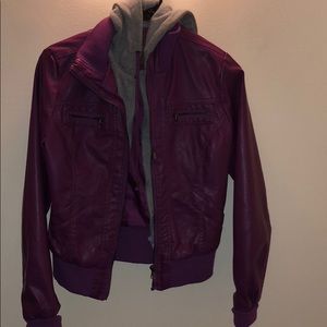 Women’s purple hooded faux leather jacket